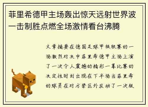 菲里希德甲主场轰出惊天远射世界波一击制胜点燃全场激情看台沸腾